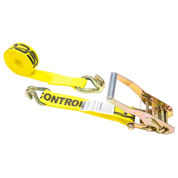 2" x 100' Ratchet Strap with Wire / Double J Hooks | Yellow
