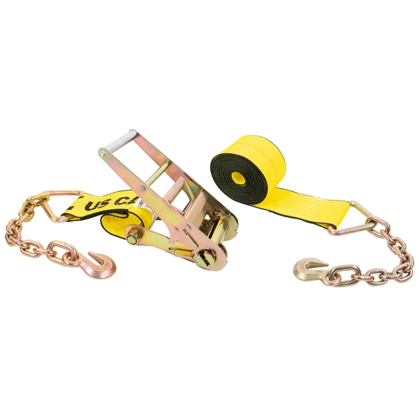 4" x 20' Ratchet Strap with 18" Chain Extensions | Yellow