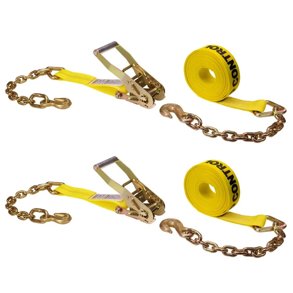 2" x 30' Ratchet Strap with Chain Extension | Yellow | 2-Pack