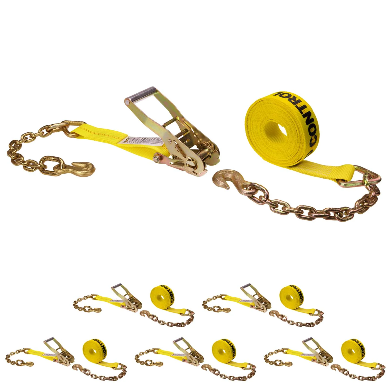 2" x 30' Ratchet Strap with Chain Extension | Yellow | 6-Pack