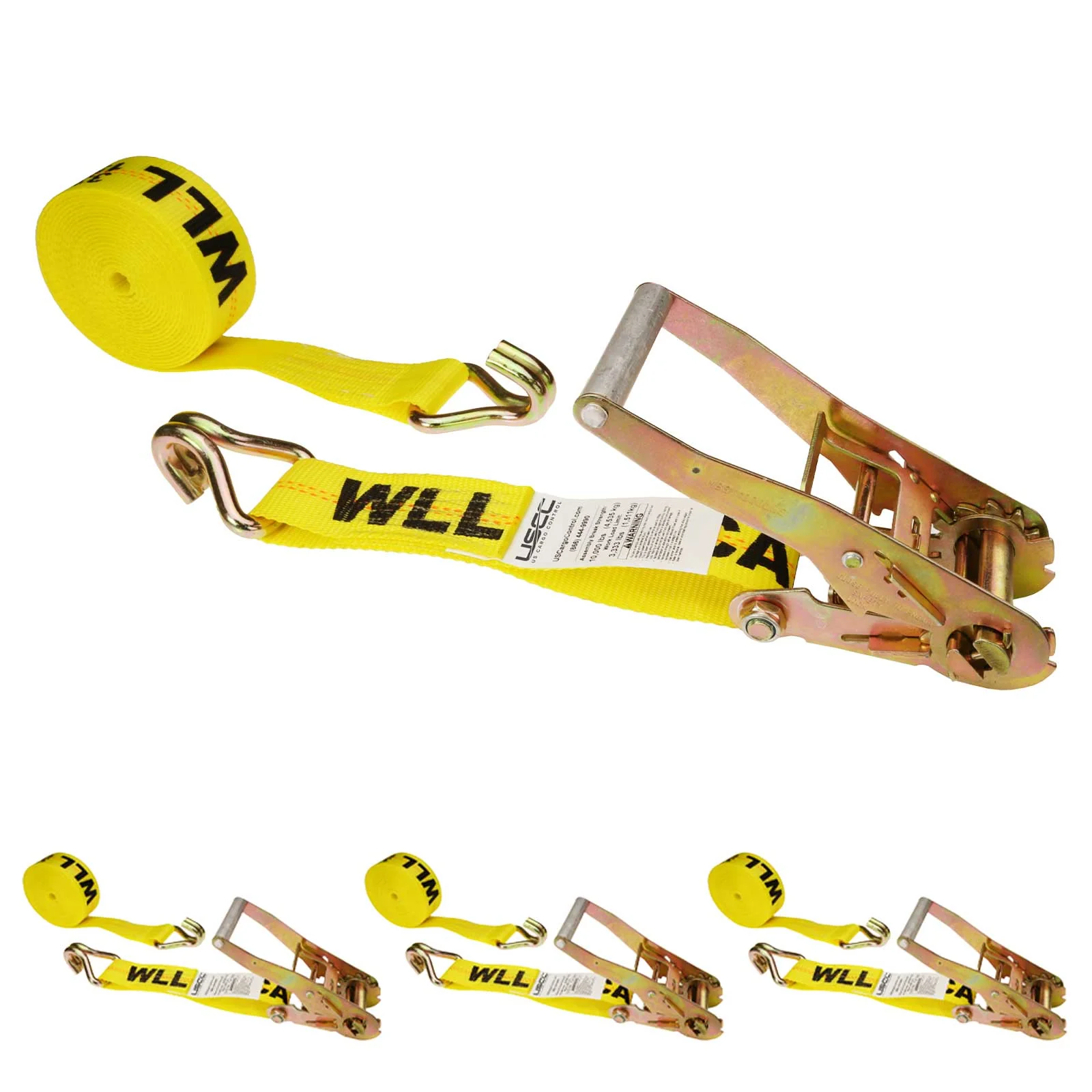 2" x 18' Ratchet Strap with Wire / Double J Hooks | Yellow | 4-Pack