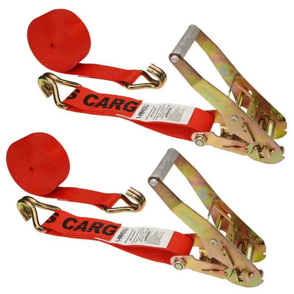 2" x 18' Ratchet Strap with Wire / Double J Hooks | Red | 2-Pack