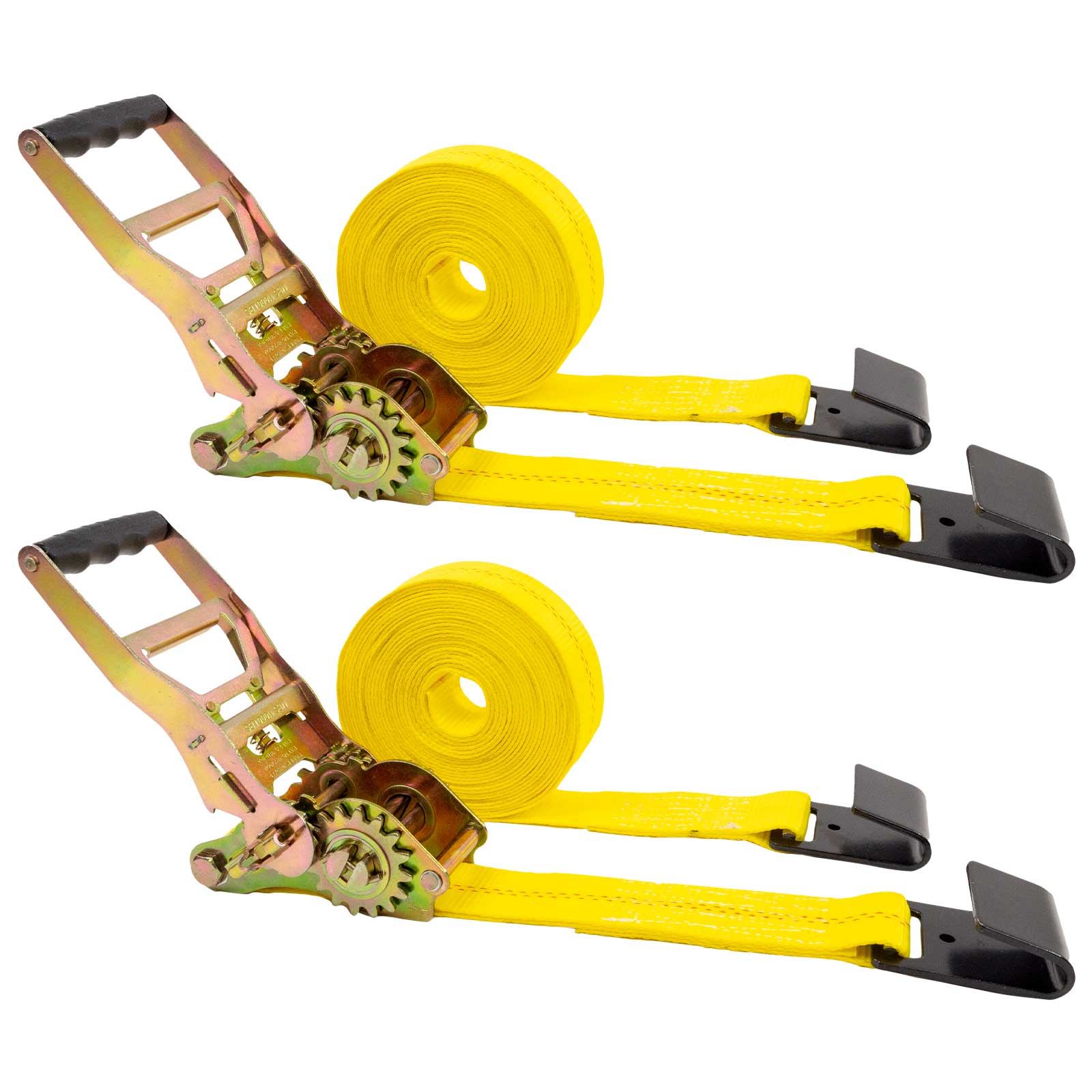 2" x 30' Gear-Driving Reverse-Action Ratchet Strap with Flat Hooks | Yellow | 2-Pack