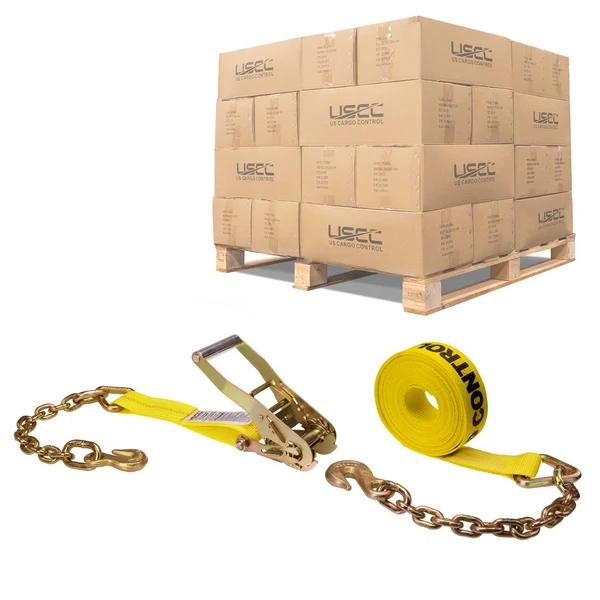 2" x 30' Ratchet Strap with Chain Extension | Yellow | 240-Pack (Pallet)