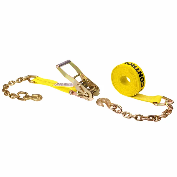 2" x 27' Ratchet Strap with Chain Extension | Yellow