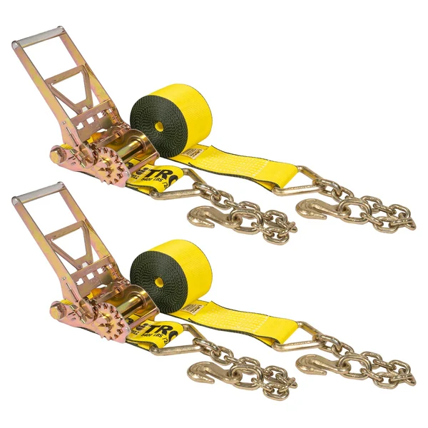 4" x 50' Gear-Driving Reverse-Action Ratchet Strap with Chain Ends | Yellow | 2-Pack