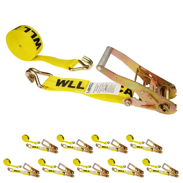 2" x 24' Ratchet Strap with Wire / Double J Hooks | Yellow | 10-Pack