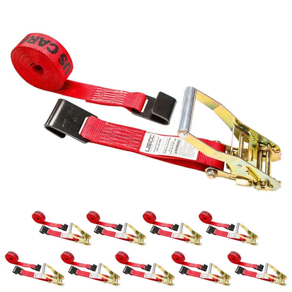 2" x 30' Ratchet Strap with Flat Hooks | Red | 10-Pack