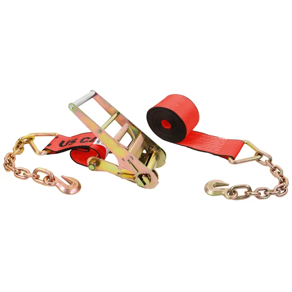 4" x 27' Ratchet Strap with 18" Chain Extensions | Red