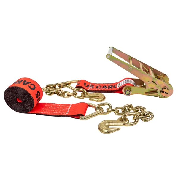 3" x 30' Ratchet Strap with Chain Extensions | Red