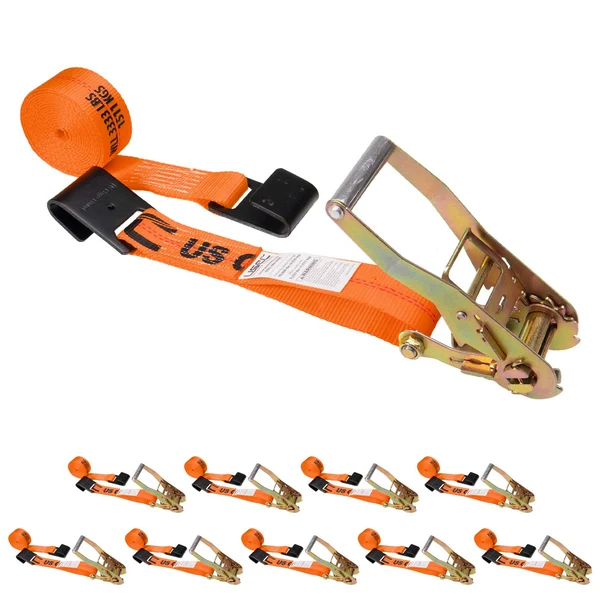 2" x 18' Ratchet Strap with Flat Hooks | Orange | 10-Pack