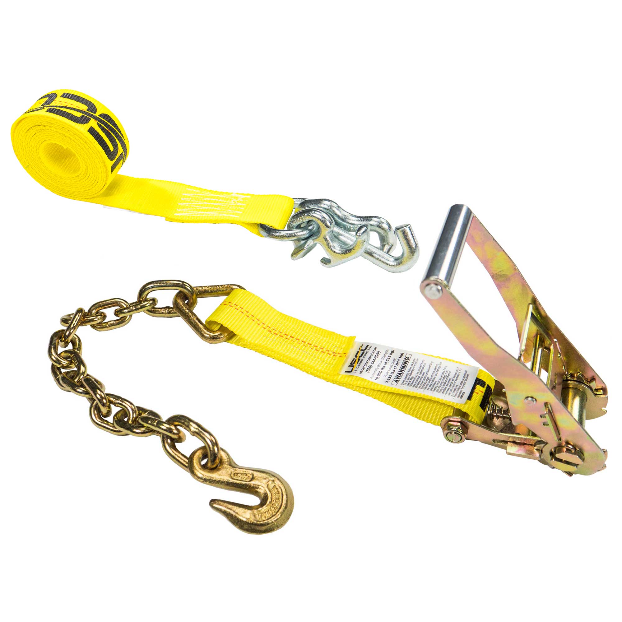2" x 6' Tow Truck Ratchet Strap - Chain Extension / RTJ Cluster Hook | Yellow