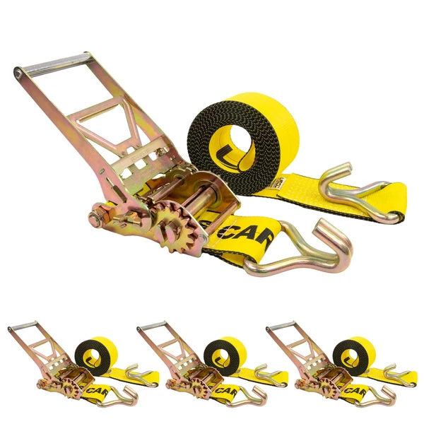 4" x 20' Gear-Driving Reverse-Action Ratchet Strap with Wire Hook | Yellow | 4-Pack