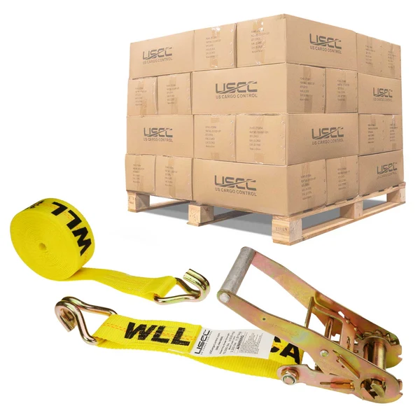 2" x 12' Ratchet Strap with Wire / Double J Hooks | Yellow | 320-Pack (Pallet)
