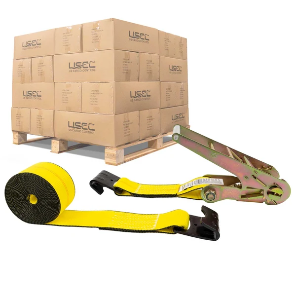 3" x 20' Ratchet Strap with Flat Hooks | Yellow | 108-Pack (Pallet)